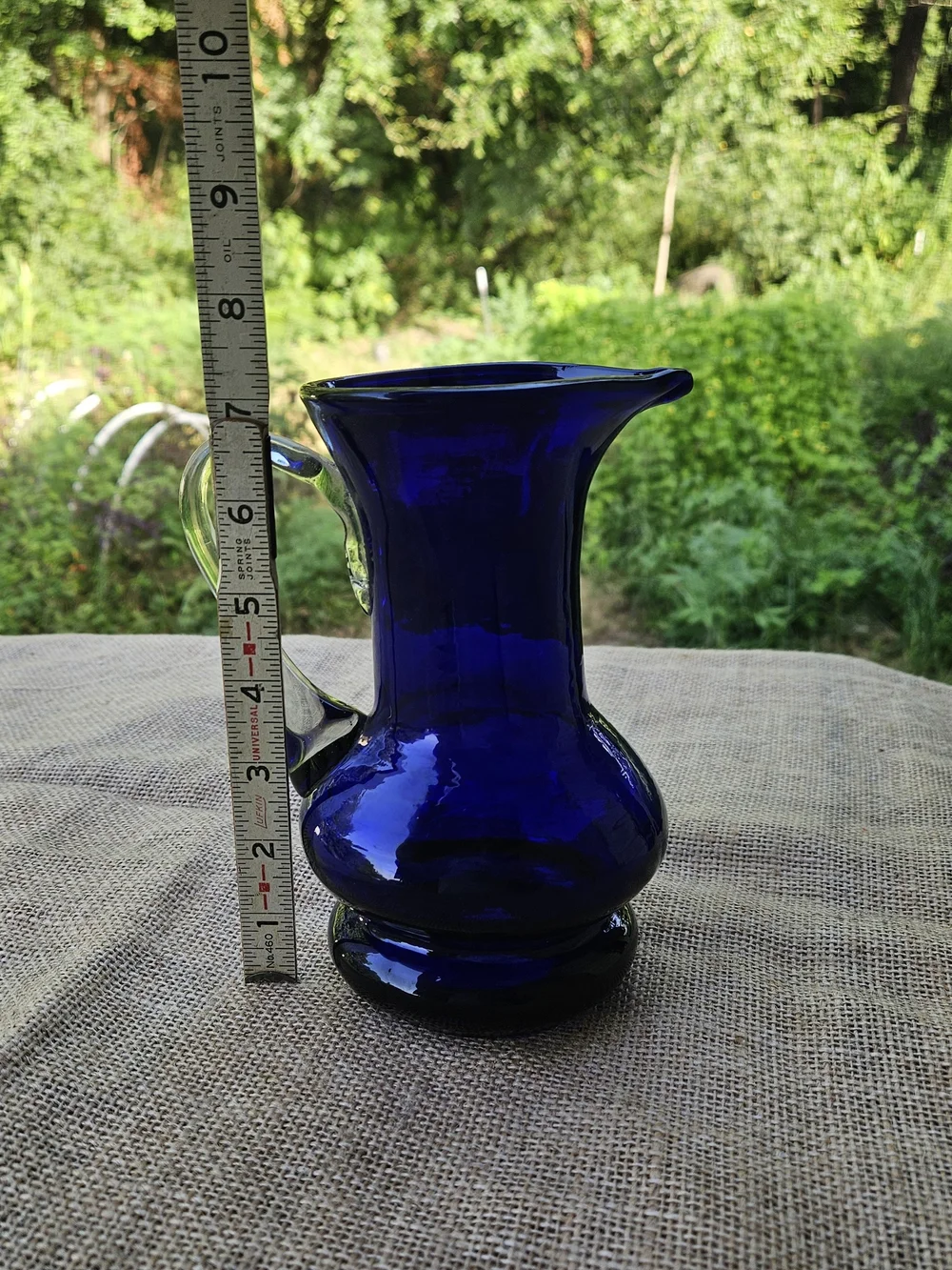 Cobalt Blue Art Glass Pitcher with Clear Handle Makes a Nice Vase - Picture 5 of 12